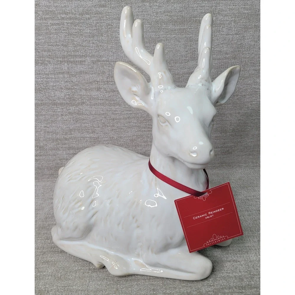 Pottery Barn Ceramic Reindeer White Glazed Christmas Decor Buck Figurine NEW